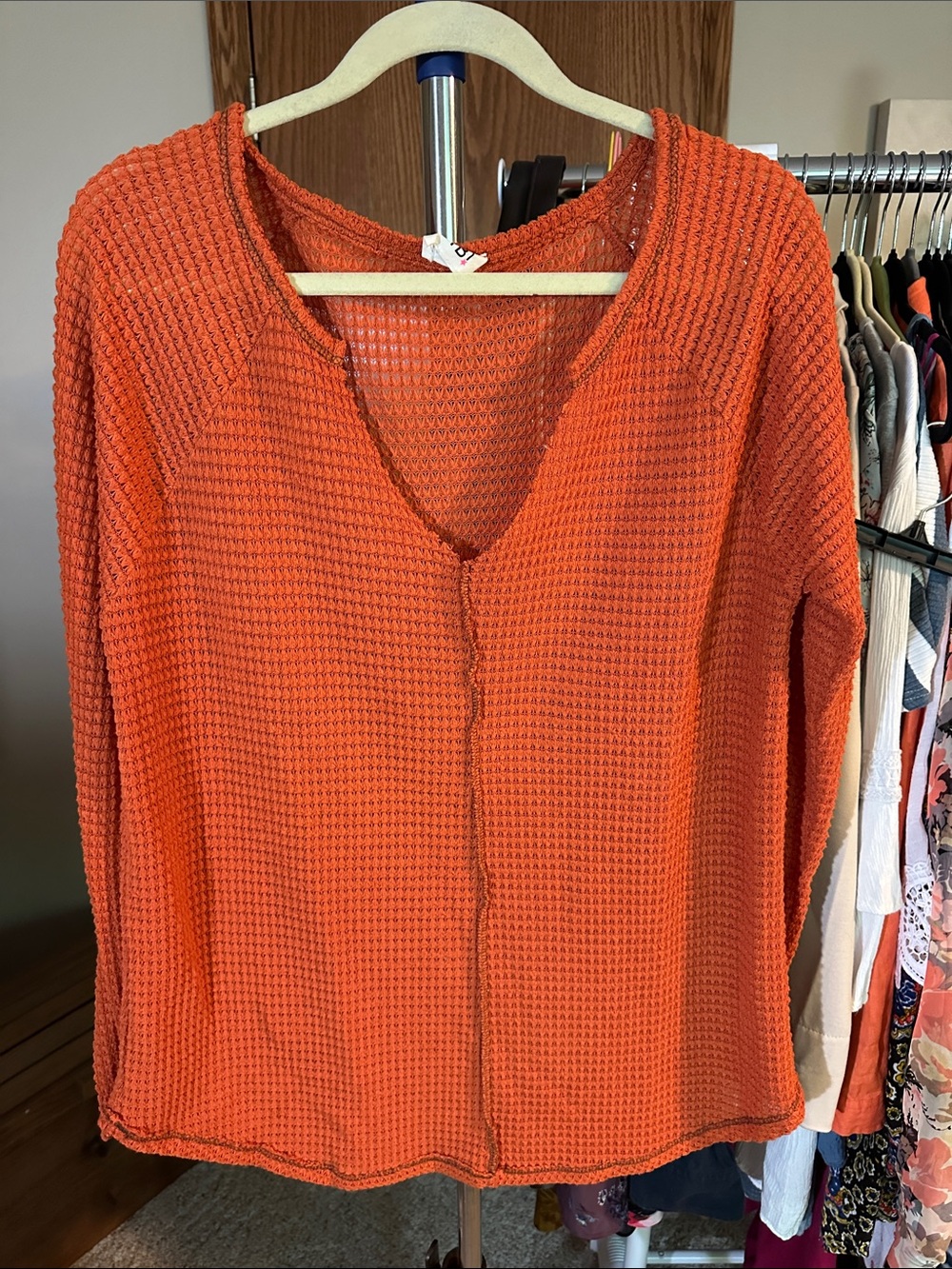 BiBi Orange V-Neck Waffle Knit Sweater